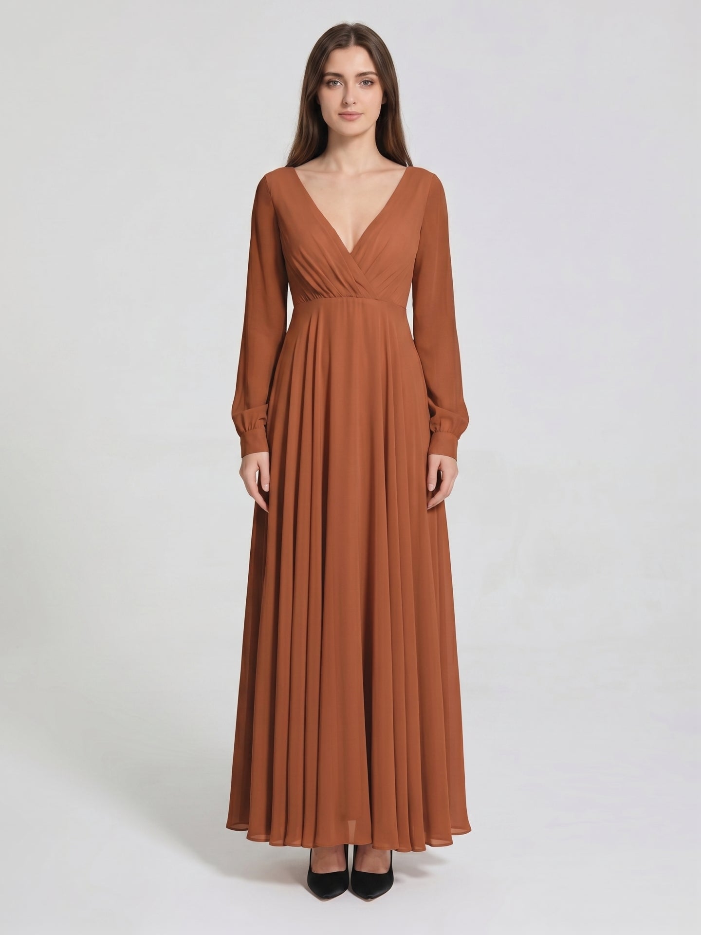 Terracotta Chiffon A-Line V-Neck Back Zip Floor-Length Pleated Bridesmaid Dress - Curvevia