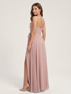Coquette Dusty Rose Chiffon A-Line Halter neckline Back Zip Ankle-Length Bridesmaid Dress - Curvevia