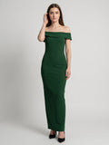 Emerald Stretch Knit Mermaid Off-the-Shoulder Backless Floor-Length Bridesmaid Dress - Curvevia