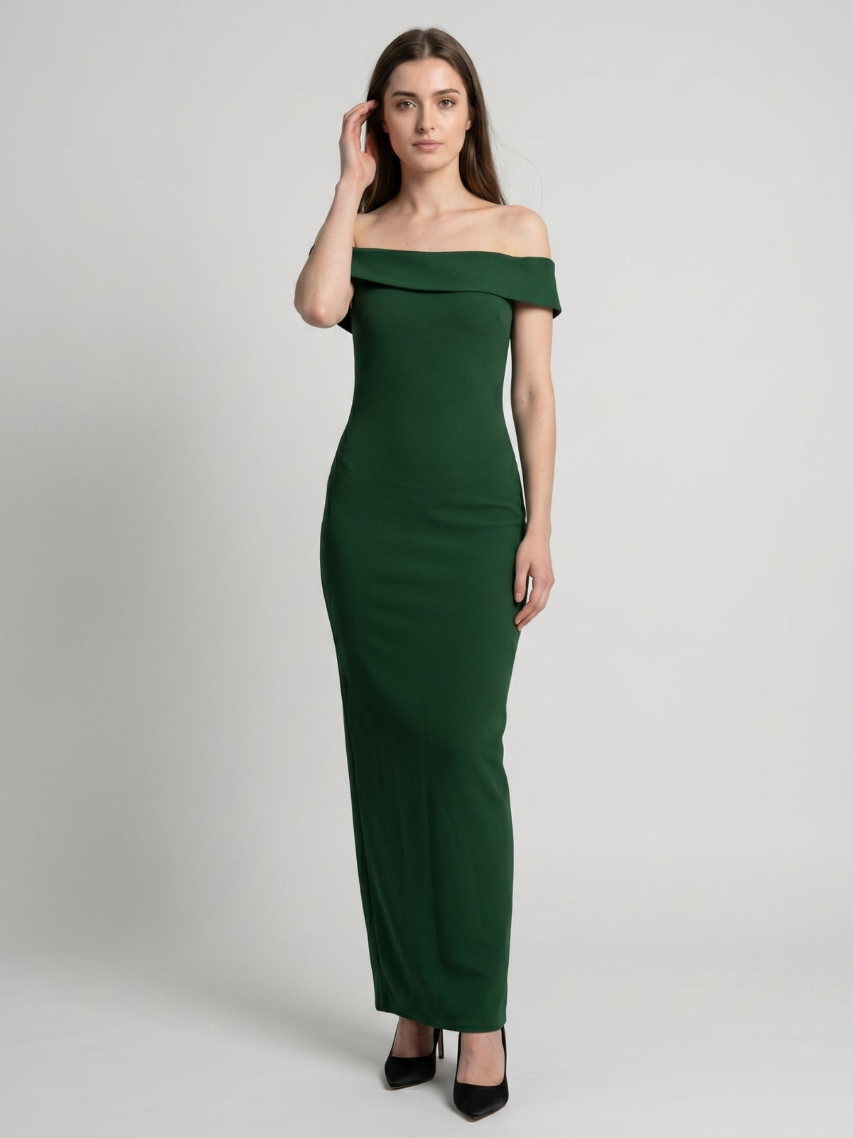 Emerald Stretch Knit Mermaid Off-the-Shoulder Backless Floor-Length Bridesmaid Dress - Curvevia