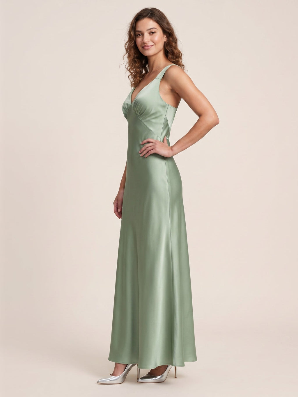 Refined Dusty Sage Satin column V-Neck Backless Ankle-Length Bridesmaid Dress - Curvevia