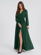Forest Green Chiffon A-Line V-Neck Back Zip Floor-Length Pleated Bridesmaid Dress - Curvevia
