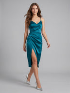 Teal Satin Sheath V-Neck Backless Asymmetrical Pleated Bridesmaid Dress - Curvevia