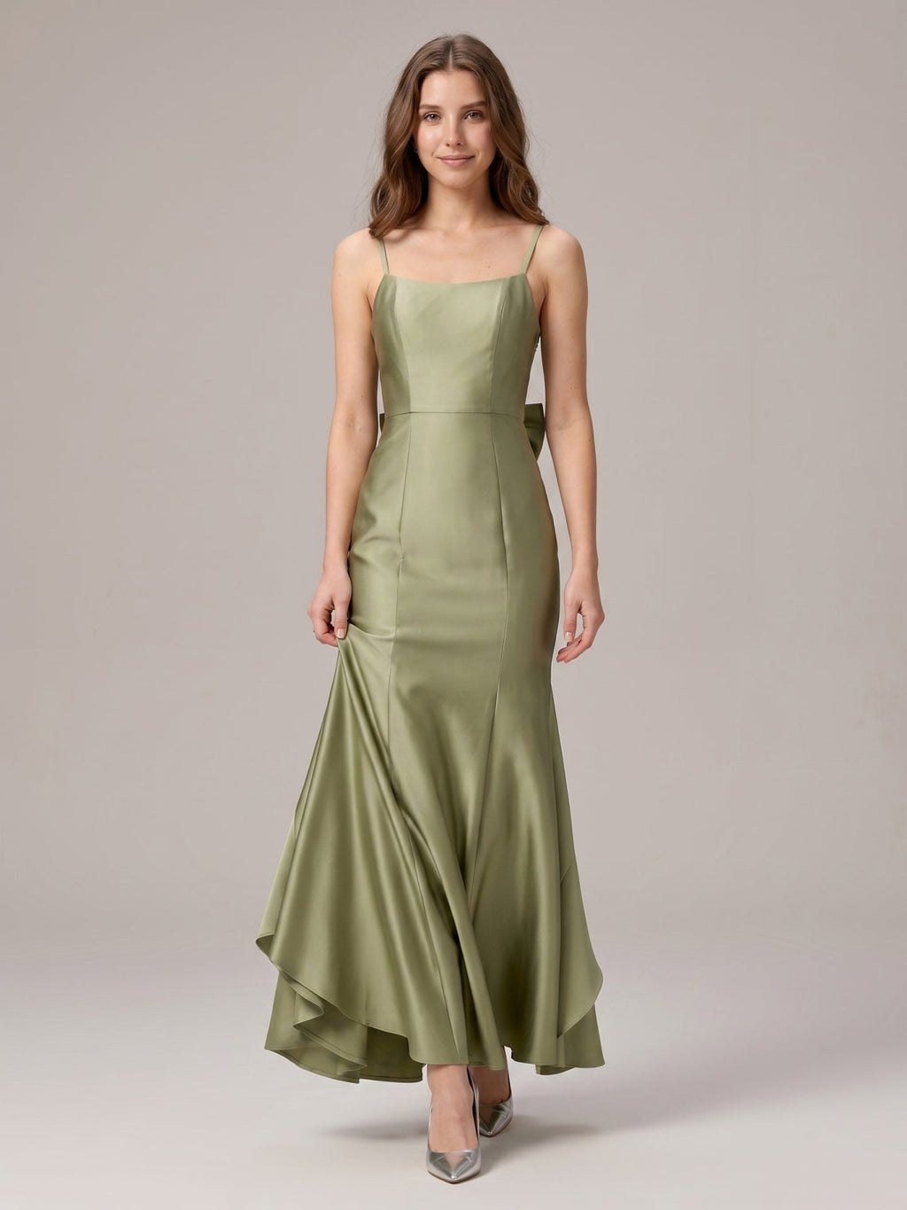 Elegant Sage Green Satin mermaid Straight Neck Backless with Bow Ankle-Length Bridesmaid Dress - Curvevia