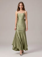 Elegant Sage Green Satin mermaid Straight Neck Backless with Bow Ankle-Length Bridesmaid Dress - Curvevia