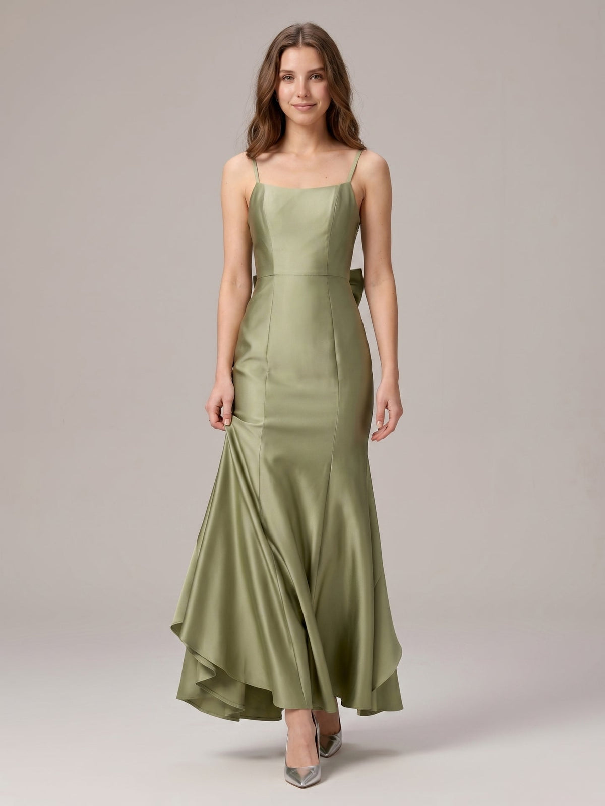 Elegant Sage Green Satin mermaid Straight Neck Backless with Bow Ankle-Length Bridesmaid Dress - Curvevia