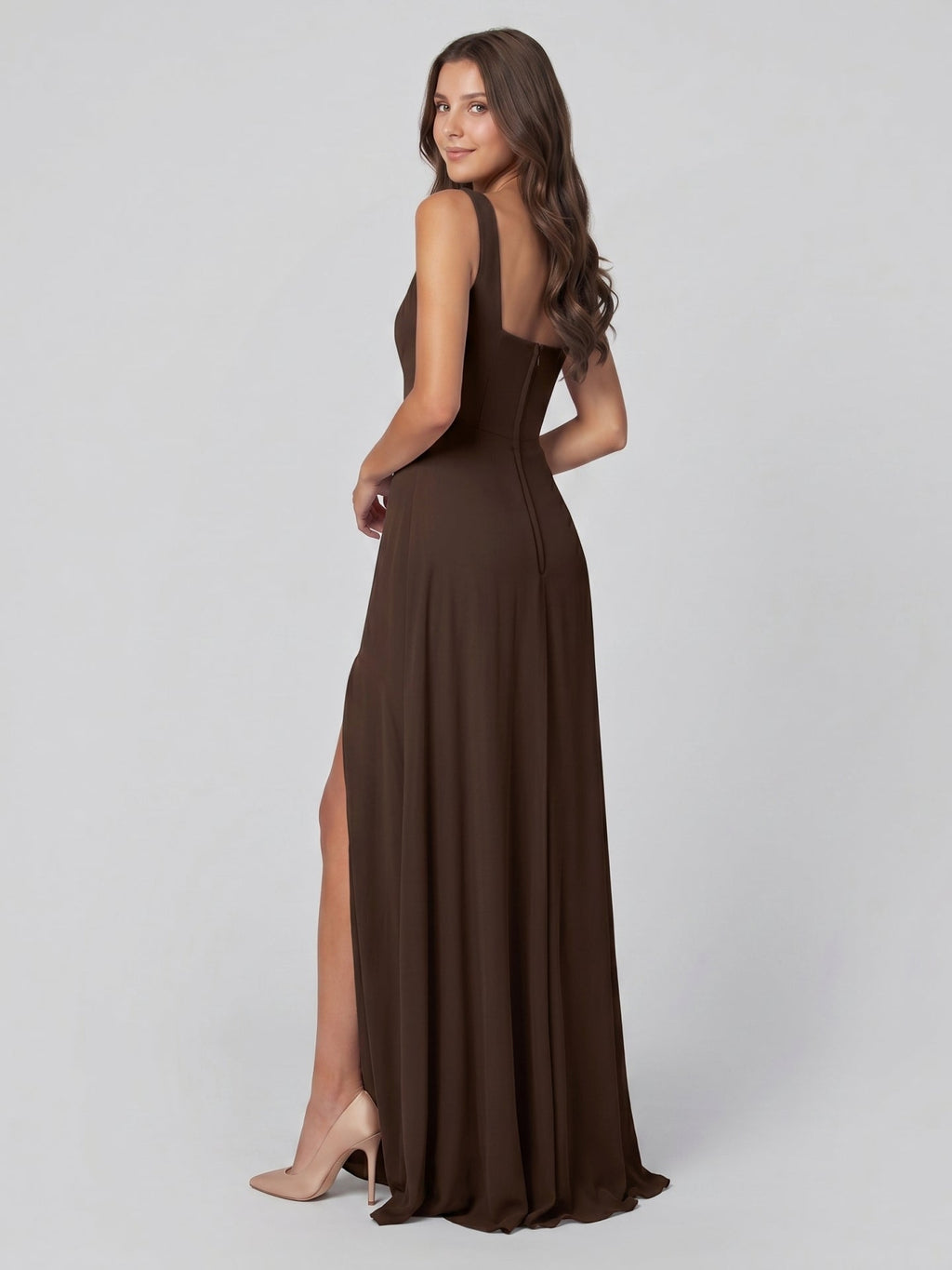 Mocha Chiffon A-Line Square Neck Backless Floor-Length Bridesmaid Dress - Curvevia