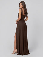 Mocha Chiffon A-Line Square Neck Backless Floor-Length Bridesmaid Dress - Curvevia