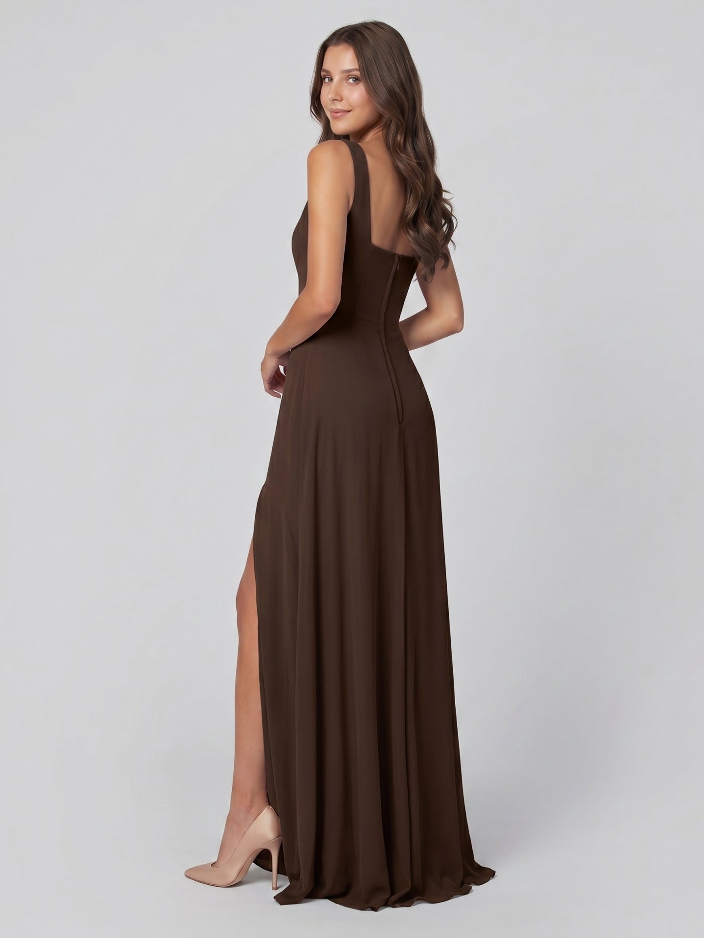 Mocha Chiffon A-Line Square Neck Backless Floor-Length Bridesmaid Dress - Curvevia