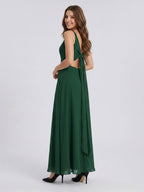 Forest Green Chiffon A-Line V-Neck Bow Back Floor-Length Bridesmaid Dress with Bow - Curvevia
