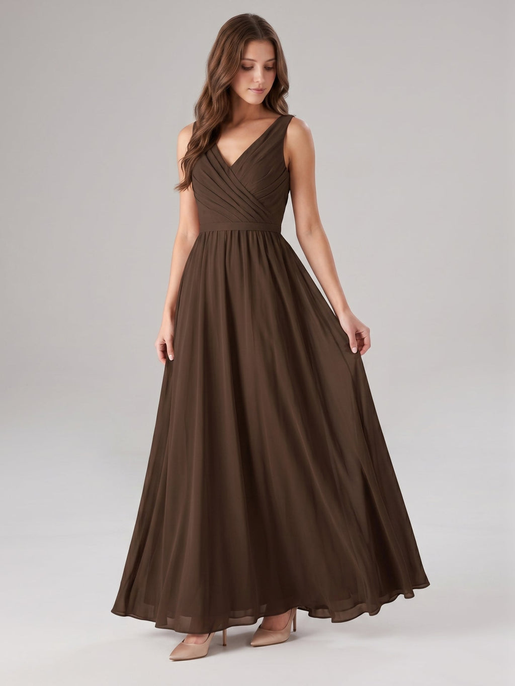 Mocha Chiffon A-Line V-Neck V-Back Floor-Length Bridesmaid Dress with Bow - Curvevia