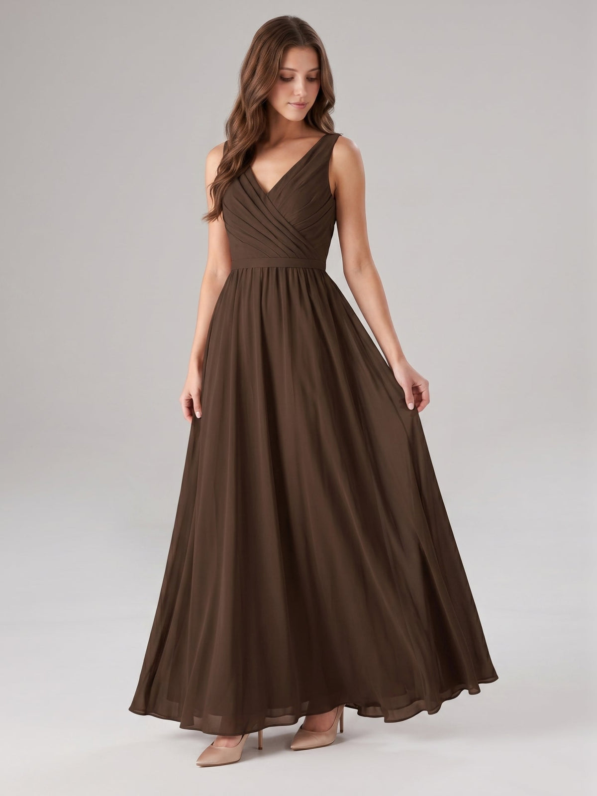Mocha Chiffon A-Line V-Neck V-Back Floor-Length Bridesmaid Dress with Bow - Curvevia