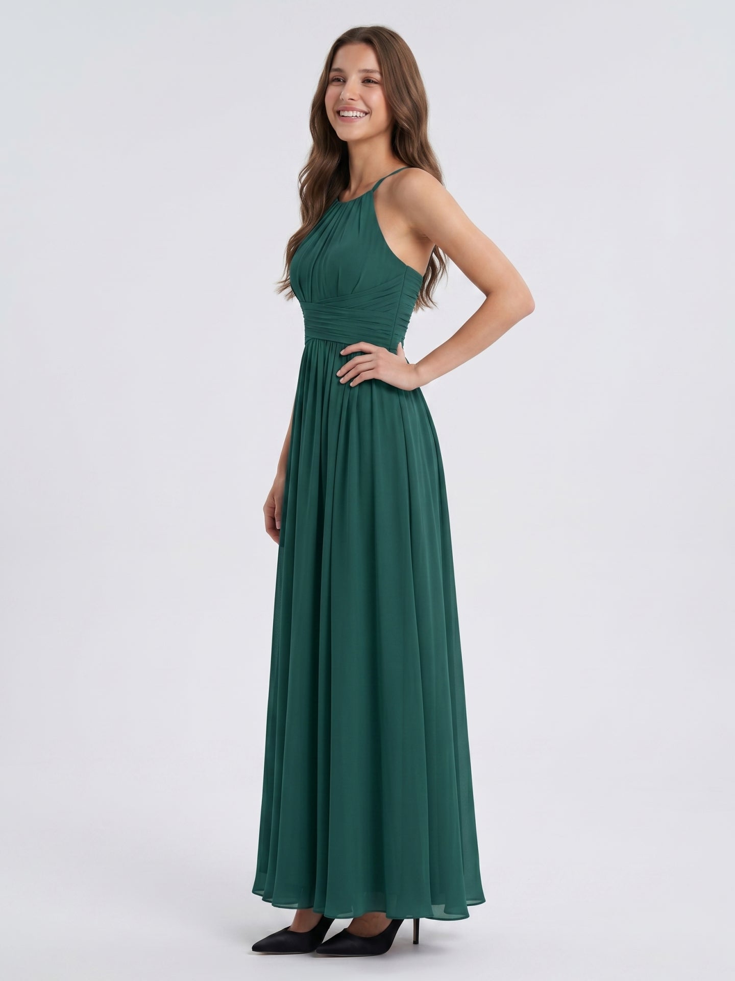 Peacock Chiffon A-Line Halter Criss-Cross Back Floor-Length Pleated Bridesmaid Dress - Curvevia