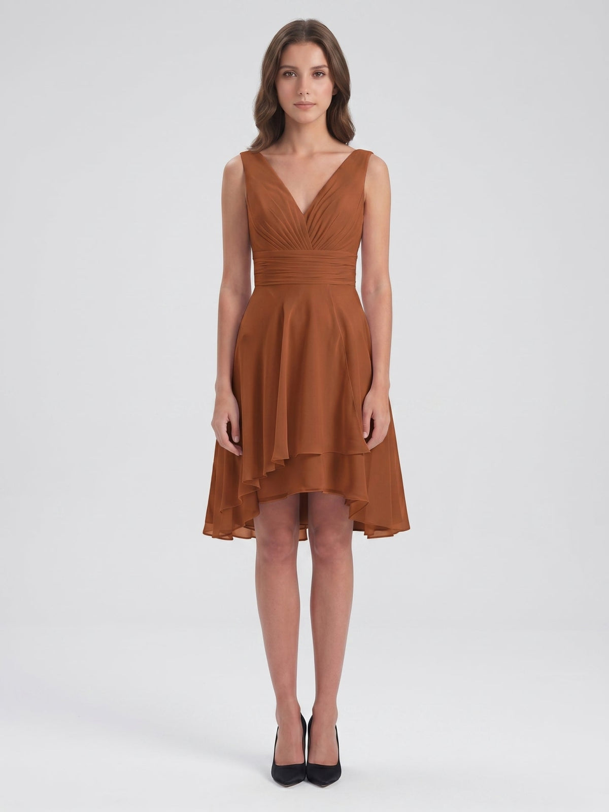 Terracotta Chiffon A-Line V-Neck V-Back Knee-Length Pleated Bridesmaid Dress - Curvevia