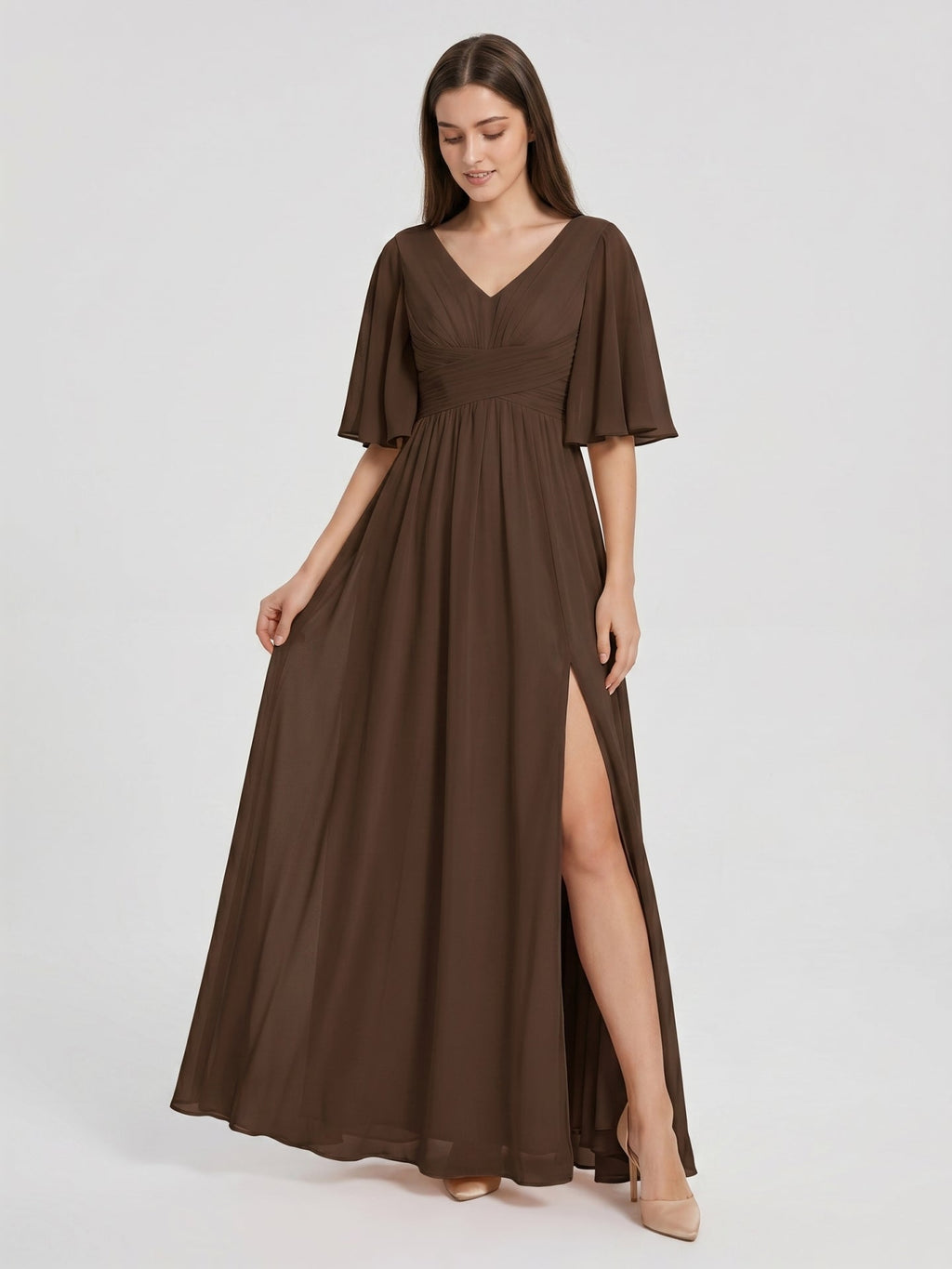 Mocha Chiffon A-Line V-Neck V-Back Ankle-Length Bridesmaid Dress - Curvevia