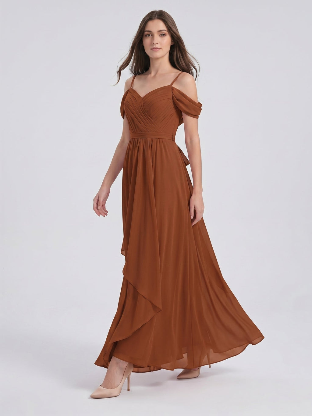 Terracotta Chiffon A-Line Off-the-Shoulder Backless Floor-Length Pleated Bridesmaid Dress - Curvevia