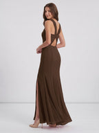 Mocha Chiffon Trumpet Halter Keyhole Back Ankle-Length Bridesmaid Dress - Curvevia
