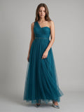 Teal Tulle A-Line One Shoulder Back Zip Floor-Length Pleated Bridesmaid Dress - Curvevia