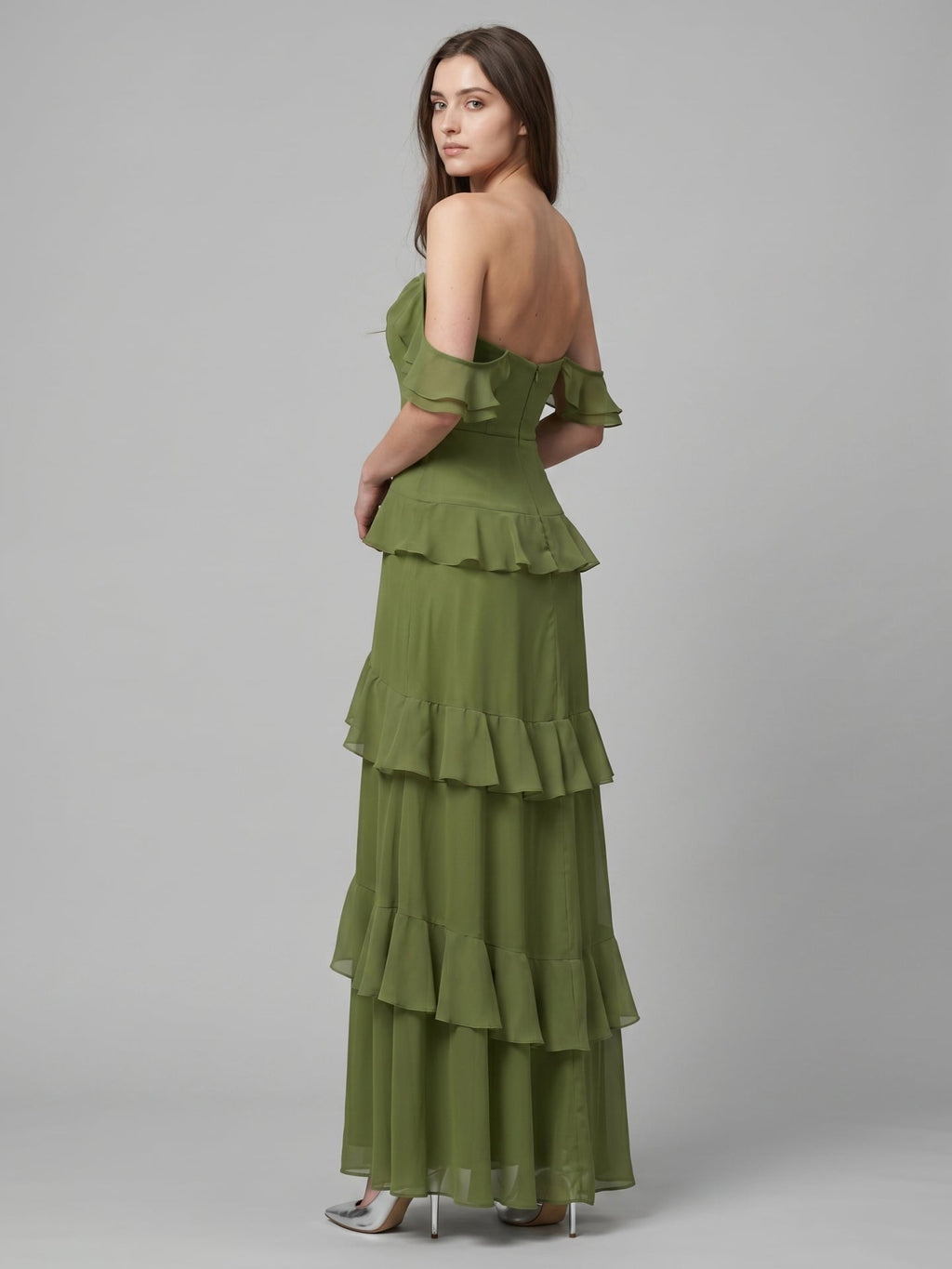Olive Green Chiffon Sheath Off-the-Shoulder Back Zip Floor-Length Ruffle Bridesmaid Dress - Curvevia