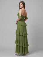 Olive Green Chiffon Sheath Off-the-Shoulder Back Zip Floor-Length Ruffle Bridesmaid Dress - Curvevia