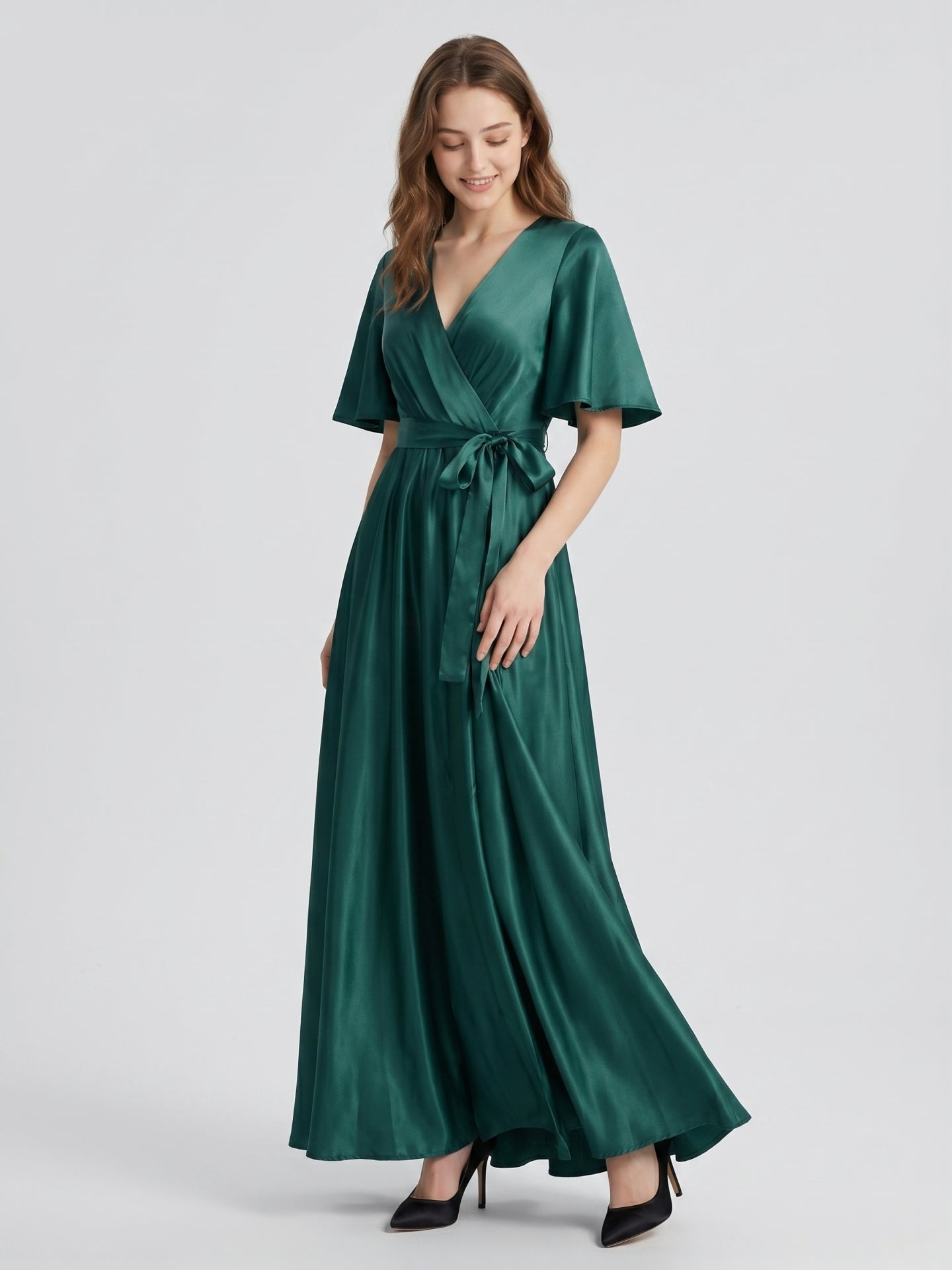 Peacock Satin A-Line V-Neck Side Zip Floor-Length Bridesmaid Dress with Bow - Curvevia