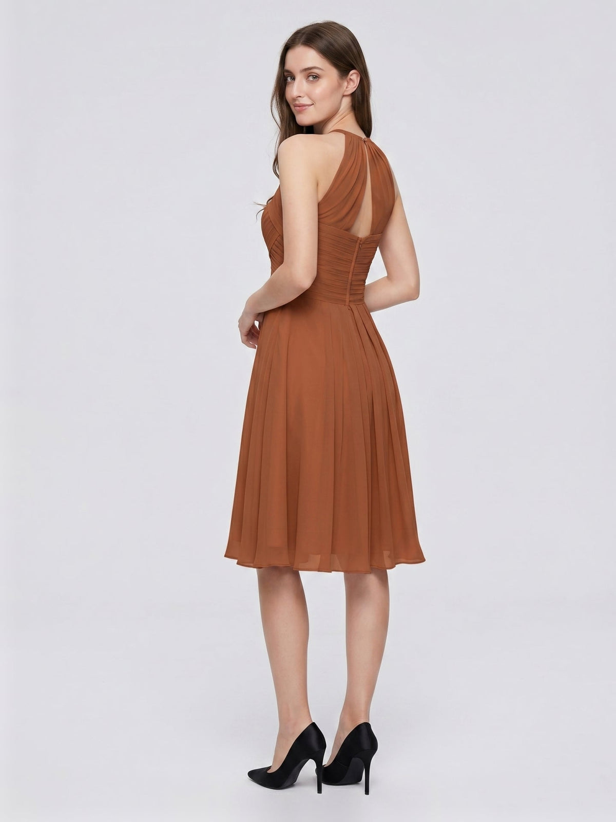 Terracotta Chiffon A-Line Halter Keyhole Back Knee-Length Pleated Bridesmaid Dress - Curvevia