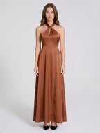 Terracotta Satin A-Line Halter Lace-Up Back Floor-Length Bridesmaid Dress with Bow - Curvevia