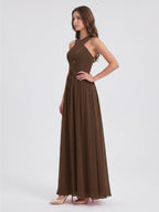 Mocha Chiffon A-Line Halter Backless Floor-Length Bridesmaid Dress - Curvevia