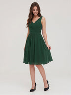 Forest Green Chiffon A-Line V-Neck V-Back Knee-Length Pleated Bridesmaid Dress - Curvevia
