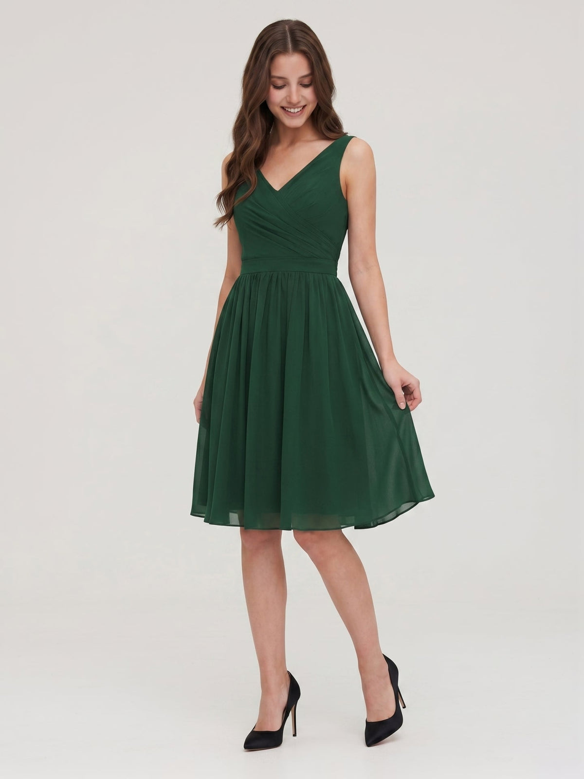 Forest Green Chiffon A-Line V-Neck V-Back Knee-Length Pleated Bridesmaid Dress - Curvevia