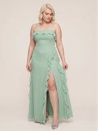 Elegant Mint Green Chiffon A-Line Straight Neck Backless with Ruffle Ankle-Length Plus Size Bridesmaid Dress - Curvevia