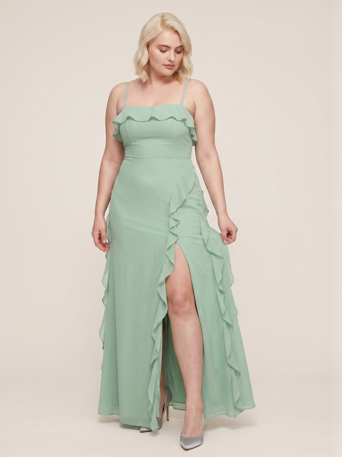 Elegant Mint Green Chiffon A-Line Straight Neck Backless with Ruffle Ankle-Length Plus Size Bridesmaid Dress - Curvevia