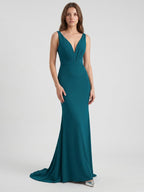 Teal Stretch Knit Mermaid V-Neck Backless Floor-Length Bridesmaid Dress - Curvevia