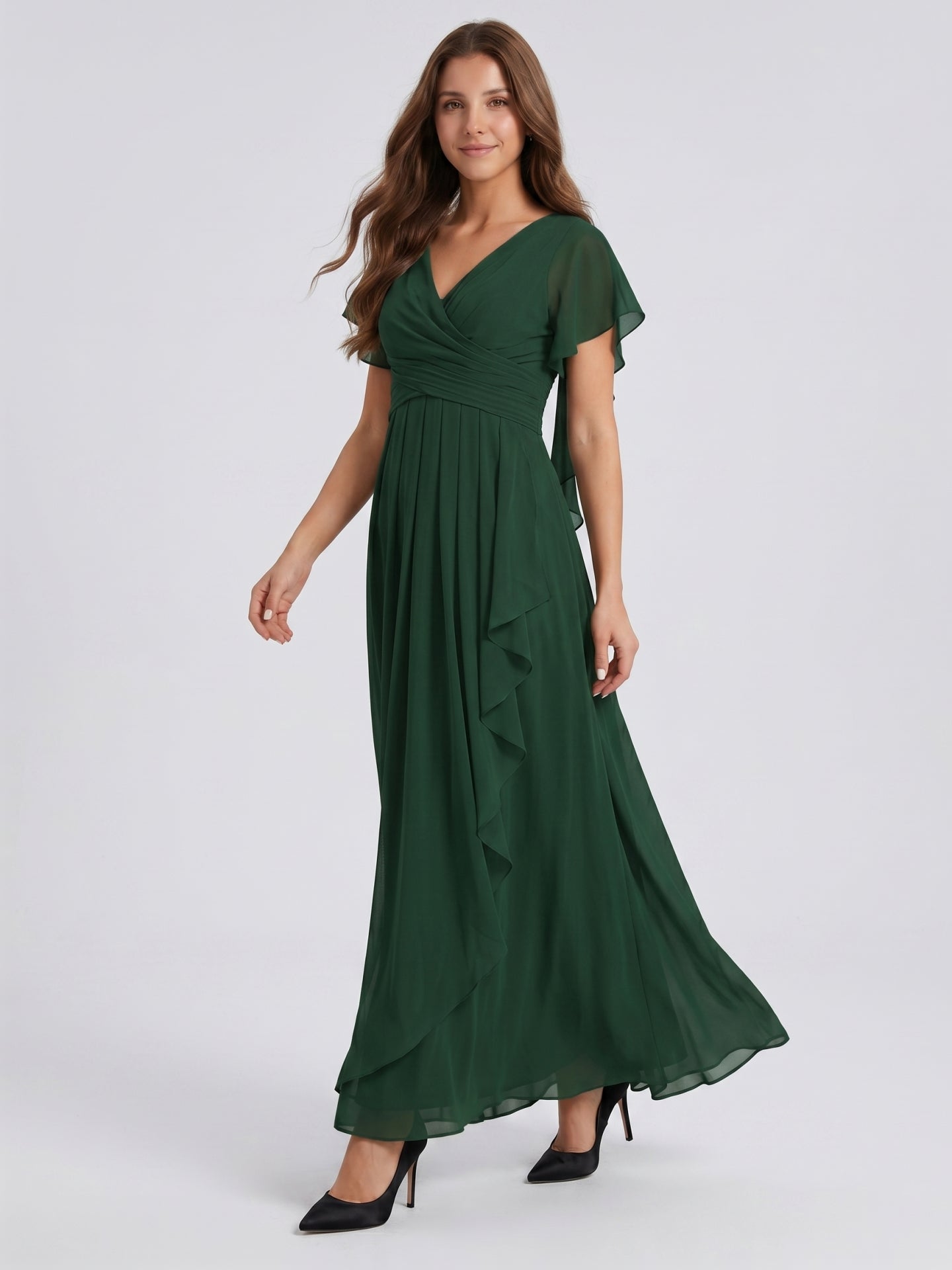 Forest Green Chiffon A-Line V-Neck Backless Floor-Length Ruffle Bridesmaid Dress - Curvevia