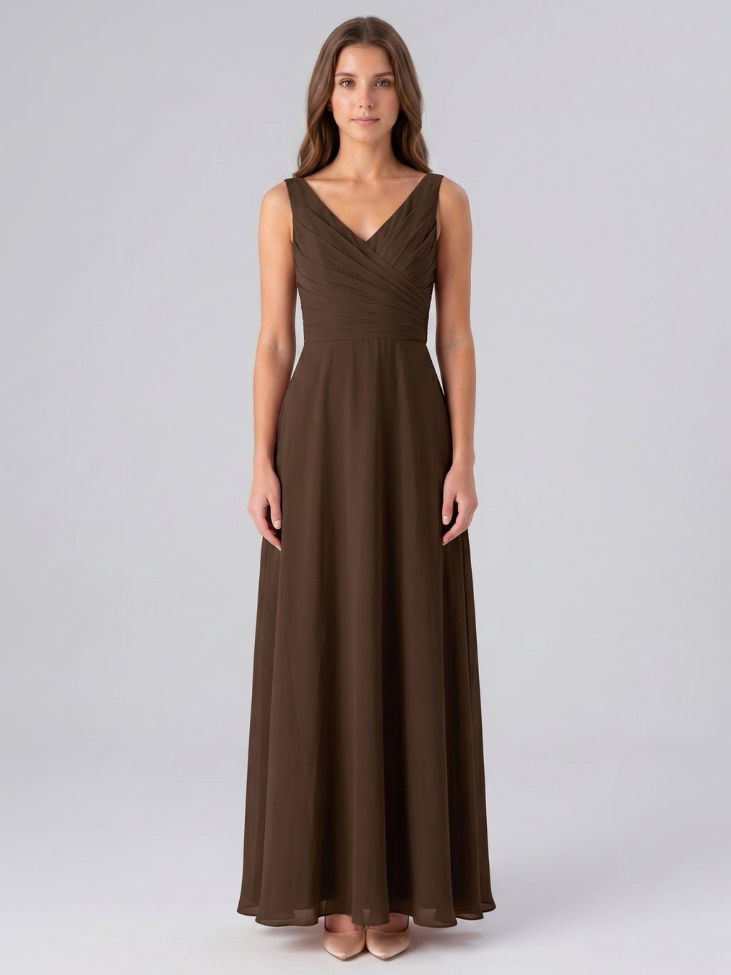 Mocha Chiffon A-Line V-Neck V-Back Floor-Length Bridesmaid Dress with Pockets - Curvevia