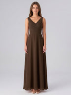 Mocha Chiffon A-Line V-Neck V-Back Floor-Length Bridesmaid Dress with Pockets - Curvevia