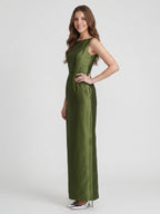 Olive Green Satin Column Straight Neck V-Back Floor-Length Bridesmaid Dress with Pockets - Curvevia