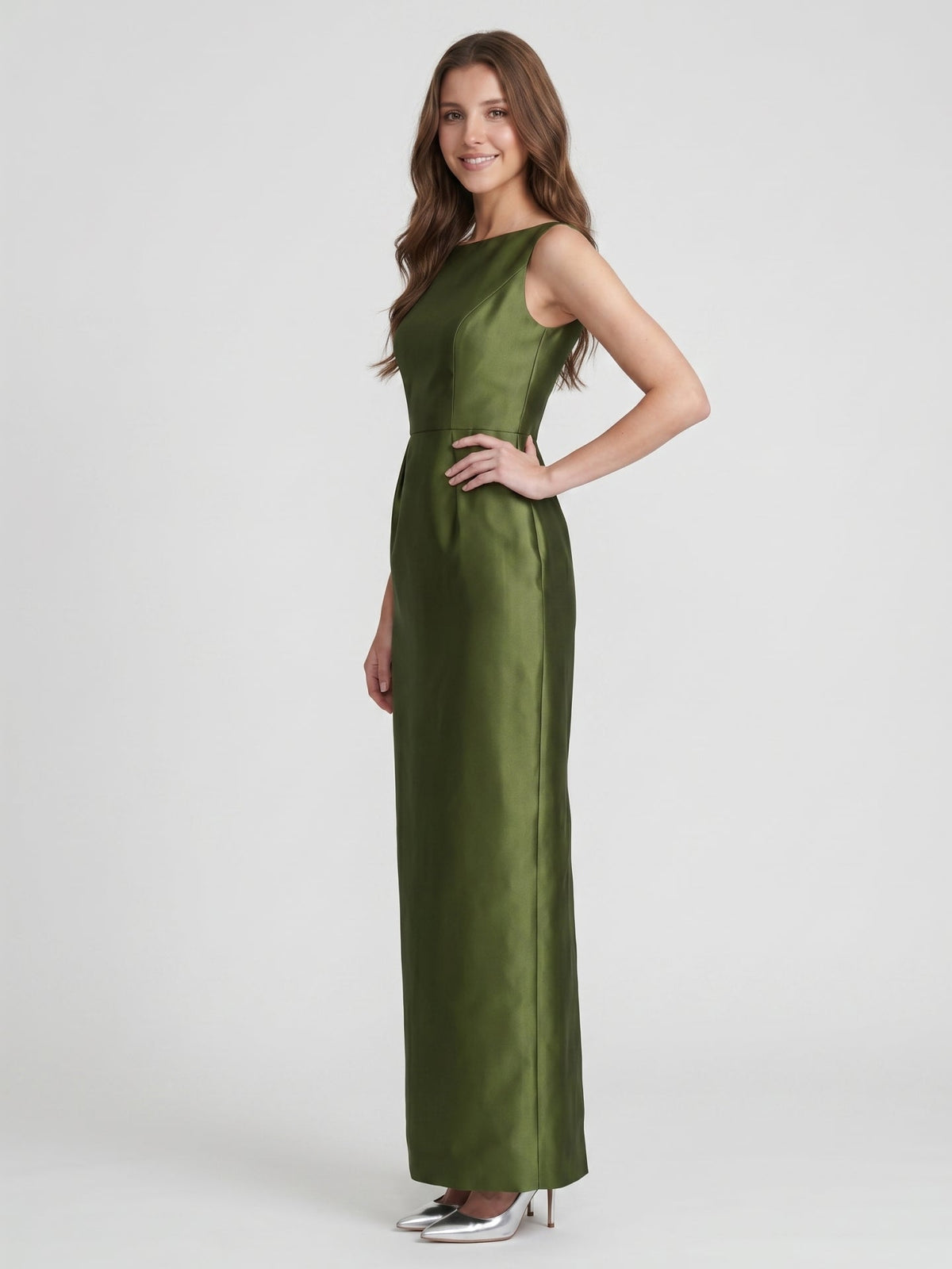 Olive Green Satin Column Straight Neck V-Back Floor-Length Bridesmaid Dress with Pockets - Curvevia