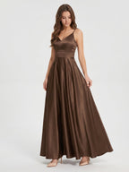 Mocha Satin A-Line V-Neck Criss-Cross Back Floor-Length Bridesmaid Dress - Curvevia