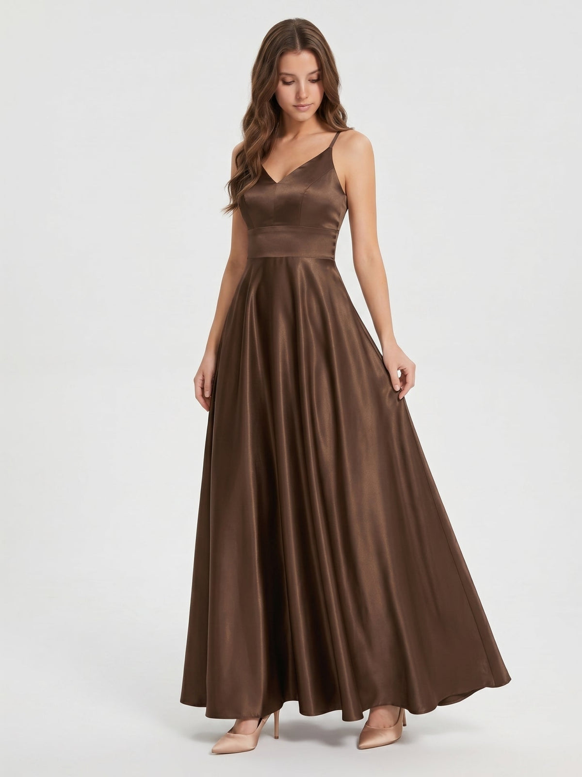 Mocha Satin A-Line V-Neck Criss-Cross Back Floor-Length Bridesmaid Dress - Curvevia