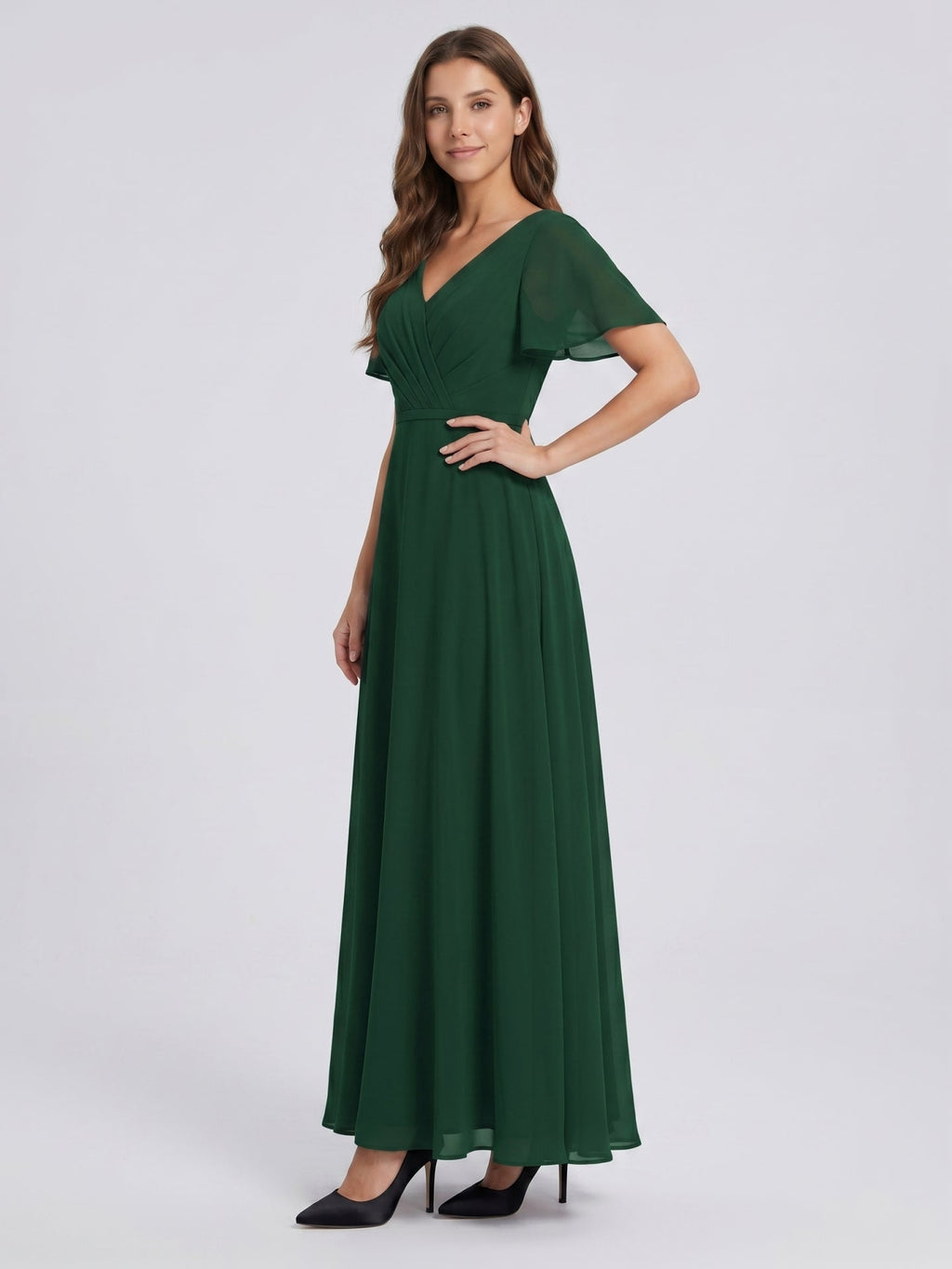 Forest Green Chiffon A-Line V-Neck V-Back Floor-Length Bridesmaid Dress - Curvevia