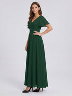 Forest Green Chiffon A-Line V-Neck V-Back Floor-Length Bridesmaid Dress - Curvevia