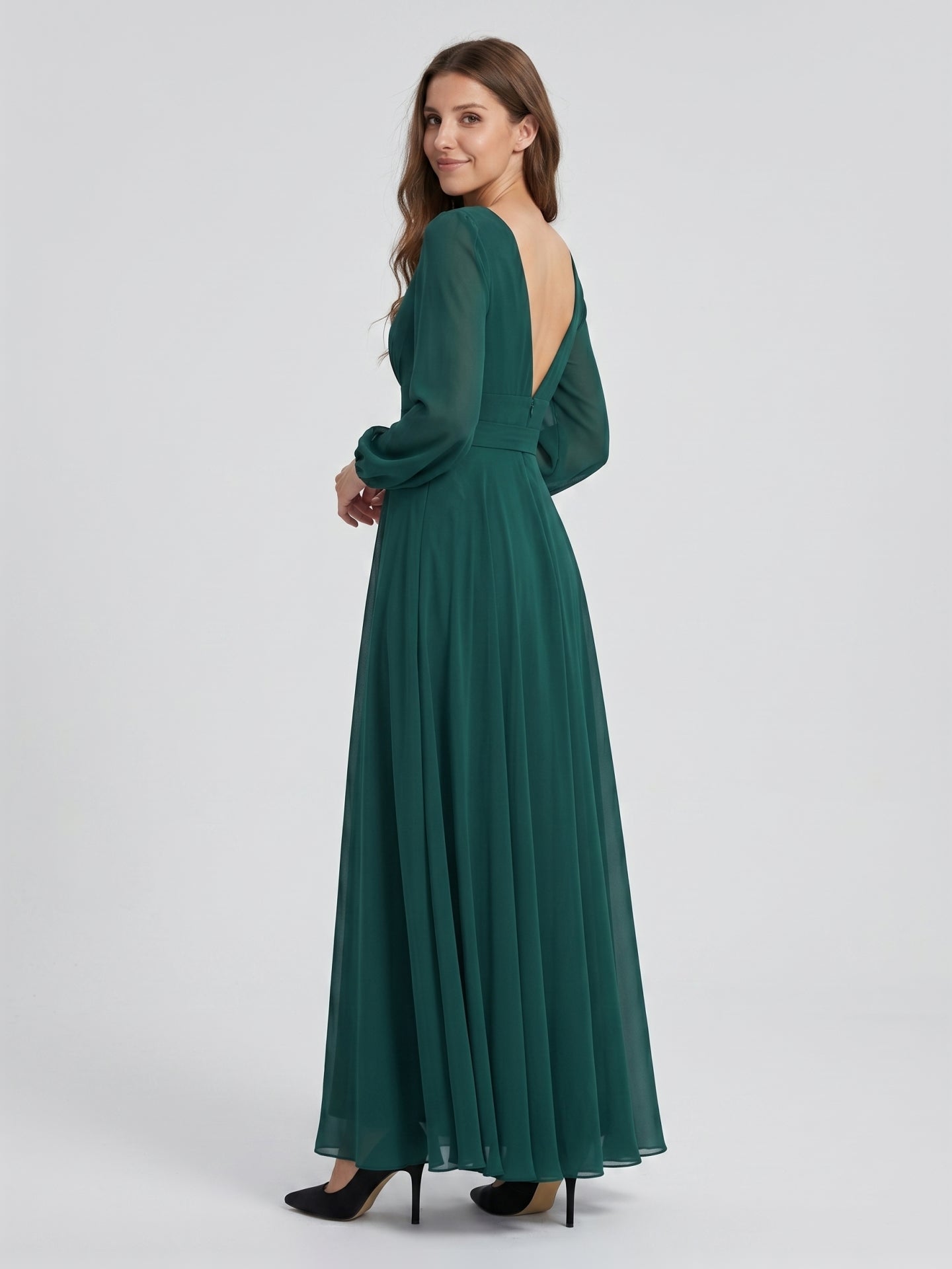 Peacock Chiffon A-Line V-Neck V-Back Floor-Length Bridesmaid Dress - Curvevia