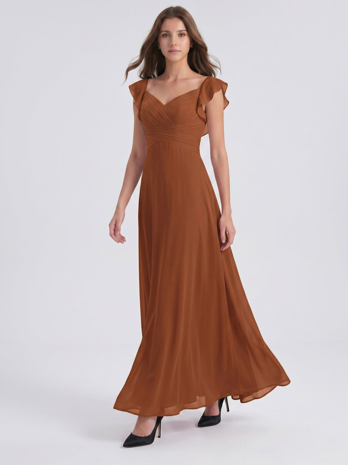 Terracotta Chiffon Sheath V-Neck Backless Floor-Length Ruffle Bridesmaid Dress - Curvevia