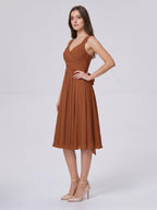 Terracotta Chiffon A-Line V-Neck Backless Knee-Length Bridesmaid Dress with Bow - Curvevia