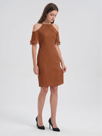 Terracotta Chiffon Sheath Off-the-Shoulder Back Zip Knee-Length Ruffle Bridesmaid Dress - Curvevia