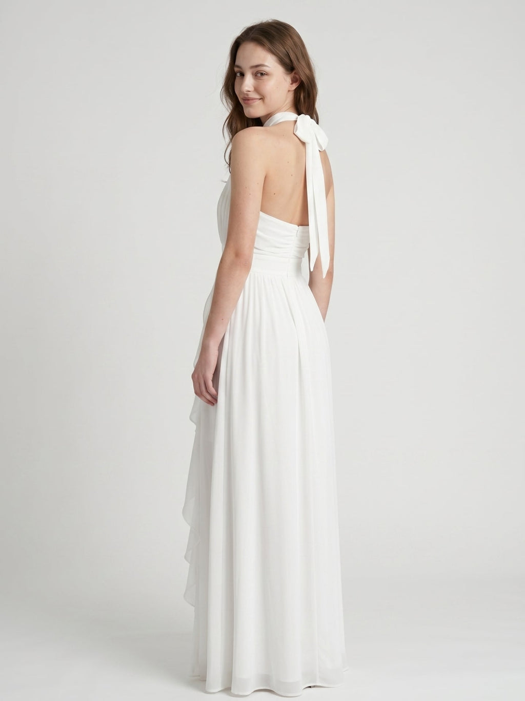 Ivory Chiffon A-Line Halter Bow Back Floor-Length Ruffle Bridesmaid Dress - Curvevia