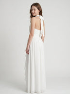 Ivory Chiffon A-Line Halter Bow Back Floor-Length Ruffle Bridesmaid Dress - Curvevia