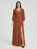 Terracotta Chiffon A-Line V-Neck V-Back Ankle-Length Pleated Bridesmaid Dress - Curvevia