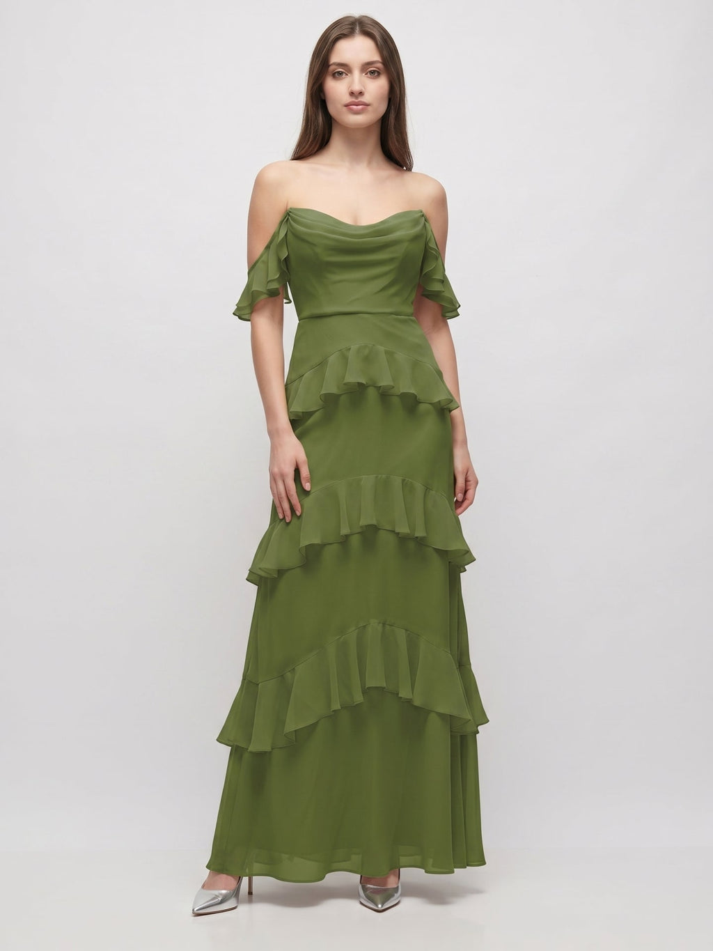 Olive Green Chiffon Sheath Off-the-Shoulder Back Zip Floor-Length Ruffle Bridesmaid Dress - Curvevia